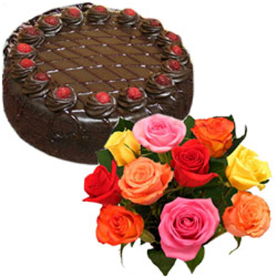 "Round shape cake -1kg , 12 Mixed Roses Bunch - Click here to View more details about this Product